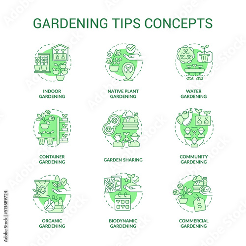 Gardening tips green concept icons set. Plant care. Planting and growing flowers idea thin line color illustrations. Isolated symbols. Editable stroke. Roboto-Medium, Myriad Pro-Bold fonts used