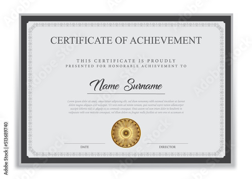 Certificate of achievement template, black and grey. Clean modern certificate with gold badge. border with simple vintage ornament. Diploma vector template