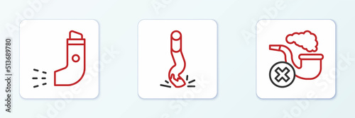 Set line Smoking pipe with smoke, Inhaler and Cigarette butt icon. Vector