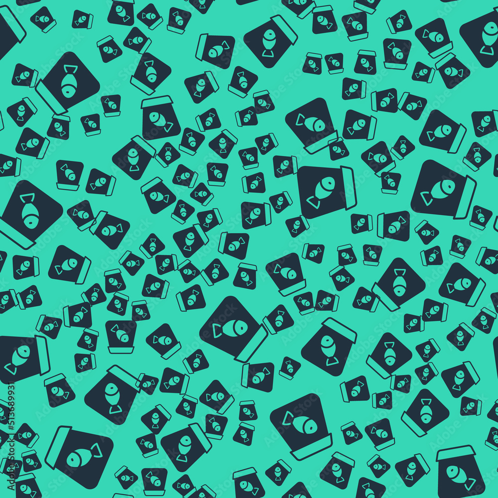 Black Online ordering and fast food delivery with fish icon isolated seamless pattern on green background. Vector Black Online ordering and fast food delivery with fish icon isolated seamless pattern on green background. Vector