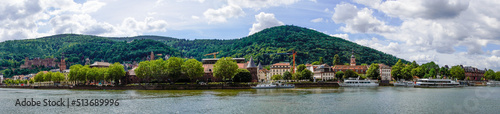 View of Heidelberg with the hilly landscape and the Neckar. 