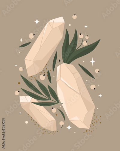 Magic crystals, berries and leaves on an isolated background. Design element for postcard, poster, cover, shop. Vector exoteric illustration.