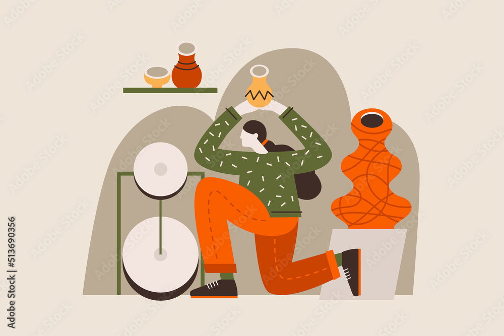 Pottery workshop. Woman-artist sculpts a vase on a potter's wheel. Creative idea for modeling classes, art classes or online courses. Vector illustration on an isolated background.