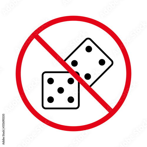 Ban Black Two Dice Line Icon. Forbidden Gambling Bet Pictogram. No Allowed Dice Play Sign. Backgammon Prohibited. Play Cube Risk Red Stop Outline Symbol. Isolated Vector Illustration