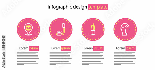Set line Diving knife, hood, Snorkel and Scallop sea shell icon. Vector