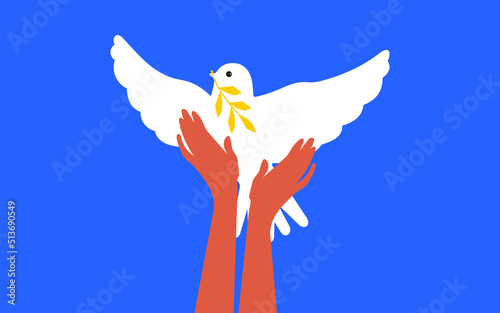 The dove of peace is white. The hands of the Ukrainian people hold the bird of hope in the struggle for peace on a blue sky background. Peace to Ukraine horizontal poster. Vector.