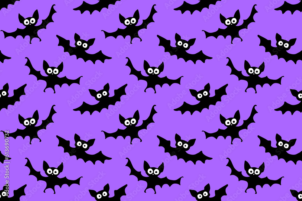 Fototapeta premium Flying bats seamless pattern. Cute Spooky vector Illustration. Halloween backgrounds and textures in flat cartoon gothic style. Black silhouettes animals on sky