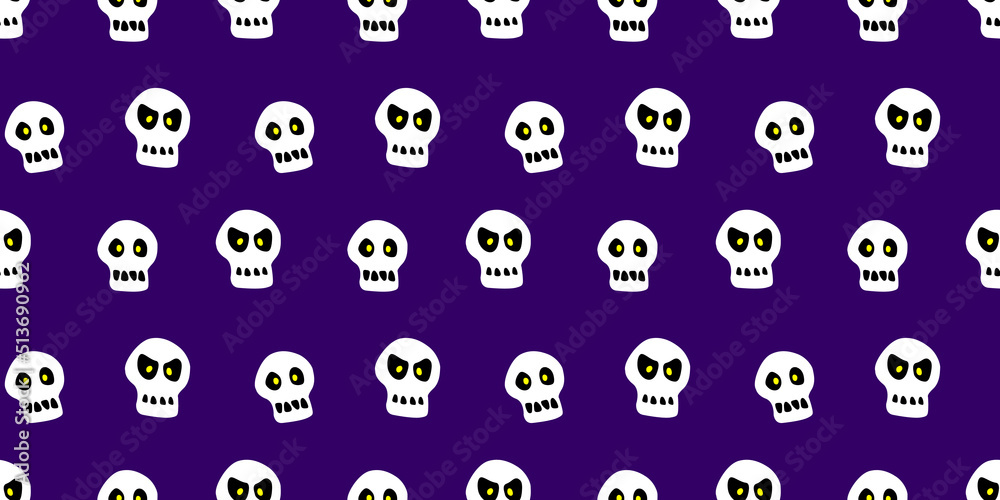 Seamless pattern with skulls. Primitive cartoon flat style. Background and texture on theme of Halloween, danger, death, war, poison. For fabric, packaging, party, poster, banner Seamless pattern with skulls. Primitive cartoon flat style. Background and texture on theme of Halloween, danger, death, war, poison. For fabric, packaging, party, poster, banner