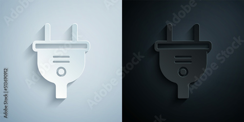 Paper cut Electric plug icon isolated on grey and black background. Concept of connection and disconnection of the electricity. Paper art style. Vector