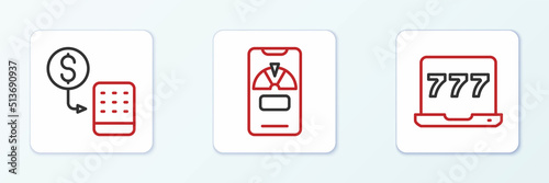 Set line Laptop and slot machine, Casino chips exchange and Lucky wheel on phone icon. Vector
