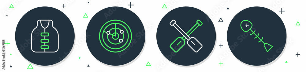 Set line Radar with targets, Paddle, Life jacket and Dead fish icon. Vector Set line Radar with targets, Paddle, Life jacket and Dead fish icon. Vector