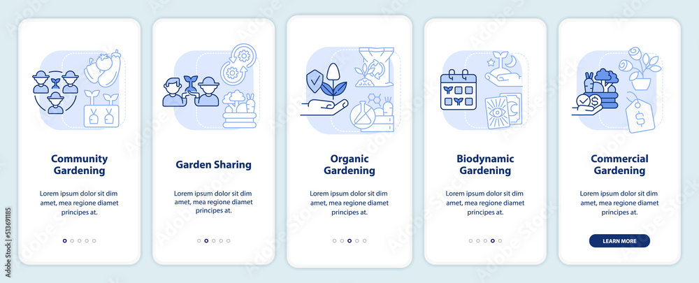 Types of gardening light blue onboarding mobile app screen. Walkthrough 5 steps editable graphic instructions with linear concepts. UI, UX, GUI template. Myriad Pro-Bold, Regular fonts used