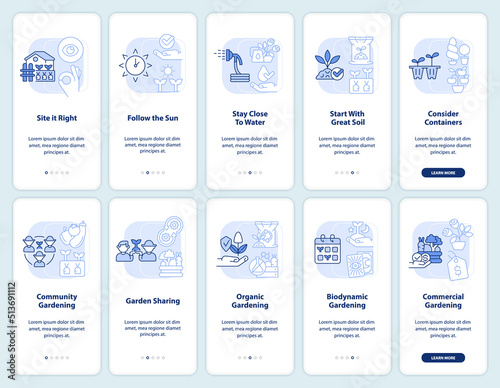 Gardening tips light blue onboarding mobile app screen set. Walkthrough 5 steps editable graphic instructions with linear concepts. UI, UX, GUI template. Myriad Pro-Bold, Regular fonts used