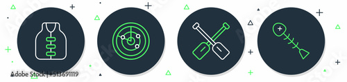 Set line Radar with targets, Paddle, Life jacket and Dead fish icon. Vector