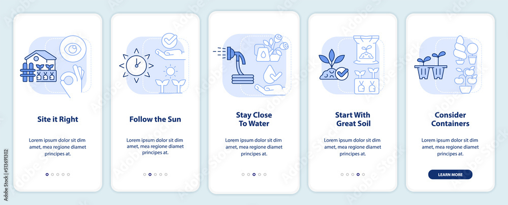 Gardening tips light blue onboarding mobile app screen. Planting walkthrough 5 steps editable graphic instructions with linear concepts. UI, UX, GUI template. Myriad Pro-Bold, Regular fonts used