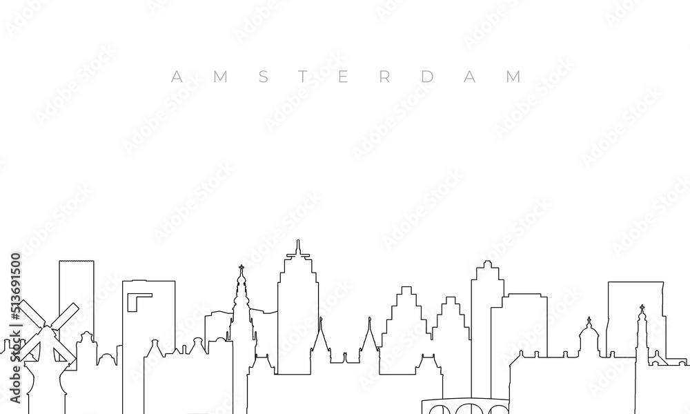 Outline Amsterdam skyline. Trendy template with Amsterdam city buildings and landmarks in line style. Stock vector design.