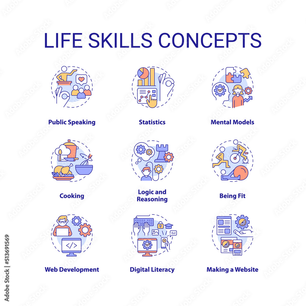 Life skills concept icons set. Learning psychosocial competencies idea thin line color illustrations. Personal development. Isolated symbols. Editable stroke. Roboto-Medium, Myriad Pro-Bold fonts used