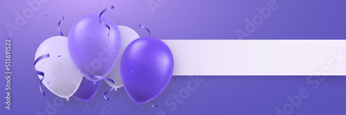 Long horizontal banner with realistic 3d balloons in very peri color. Festive vector template for party, holiday, birthday, promotion card, invitations.
