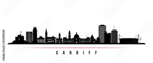 Cardiff skyline horizontal banner. Black and white silhouette of Cardiff, Wales. Vector template for your design.