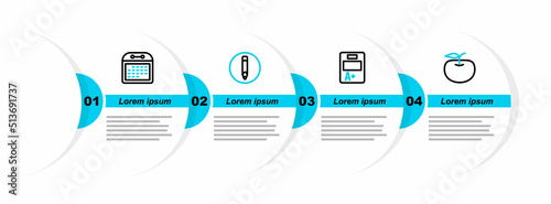Set line Apple, Exam sheet with plus grade, Pencil and Calendar icon. Vector