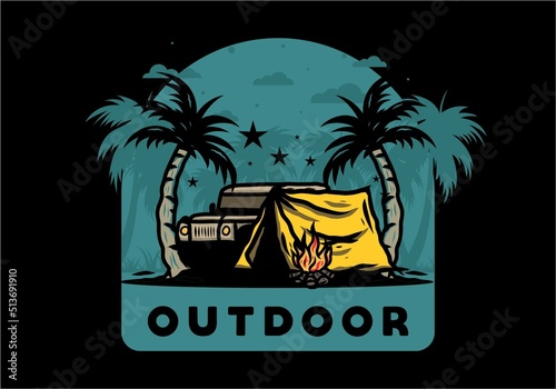 Camping tent in front of car between coconut tree illustration