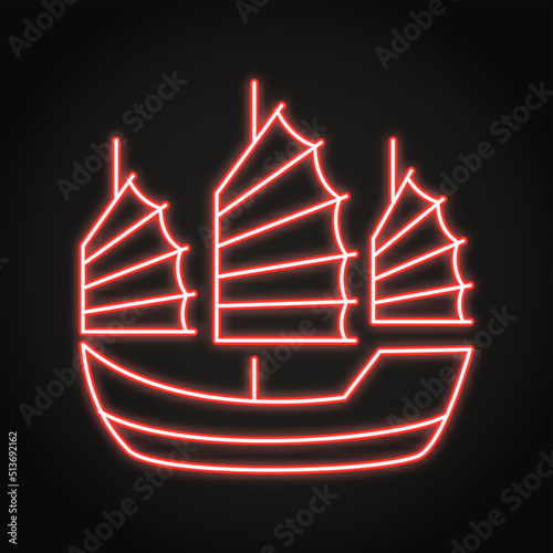 Asian junk boat neon icon