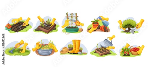 Gardeners hands in rubber gloves work in garden isolated set vector illustration. Cartoon farmer working with rake, fork, shovel and secateurs, growing plants and vegetables with gardening tools