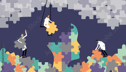 vector illustration on the theme of psychotherapy, mental assistance, psychology, mental health. three different people collect a puzzle in a human's head. trend illustration in flat style