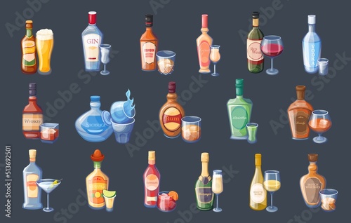 Bottles and glasses with alcohol set vector illustration on black. Drinks menu with wine and beer, cartoon alcoholic beverages and cocktails for drinking at bar, isolated liquor and brandy, champagne