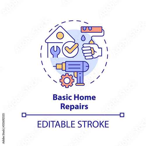 Basic home repairs concept icon. Important life skill abstract idea thin line illustration. Home improvement. DIY project. Isolated outline drawing. Editable stroke. Arial, Myriad Pro-Bold fonts used