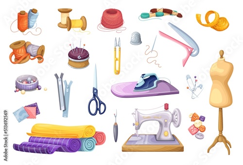 Tailors accessories, supplies and equipment to sew cloth set vector illustration. Cartoon isolated dressmaking collection with thread rolls, buttons and needles, sewing machine and mannequin, thimble