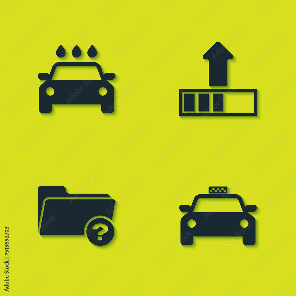Set Car wash, Taxi car, Unknown directory and Loading icon. Vector