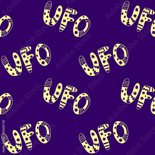 Vector color seamless pattern with the word UFO. Background and texture on the theme of space, UFOlogy, flying saucers, conspiracy