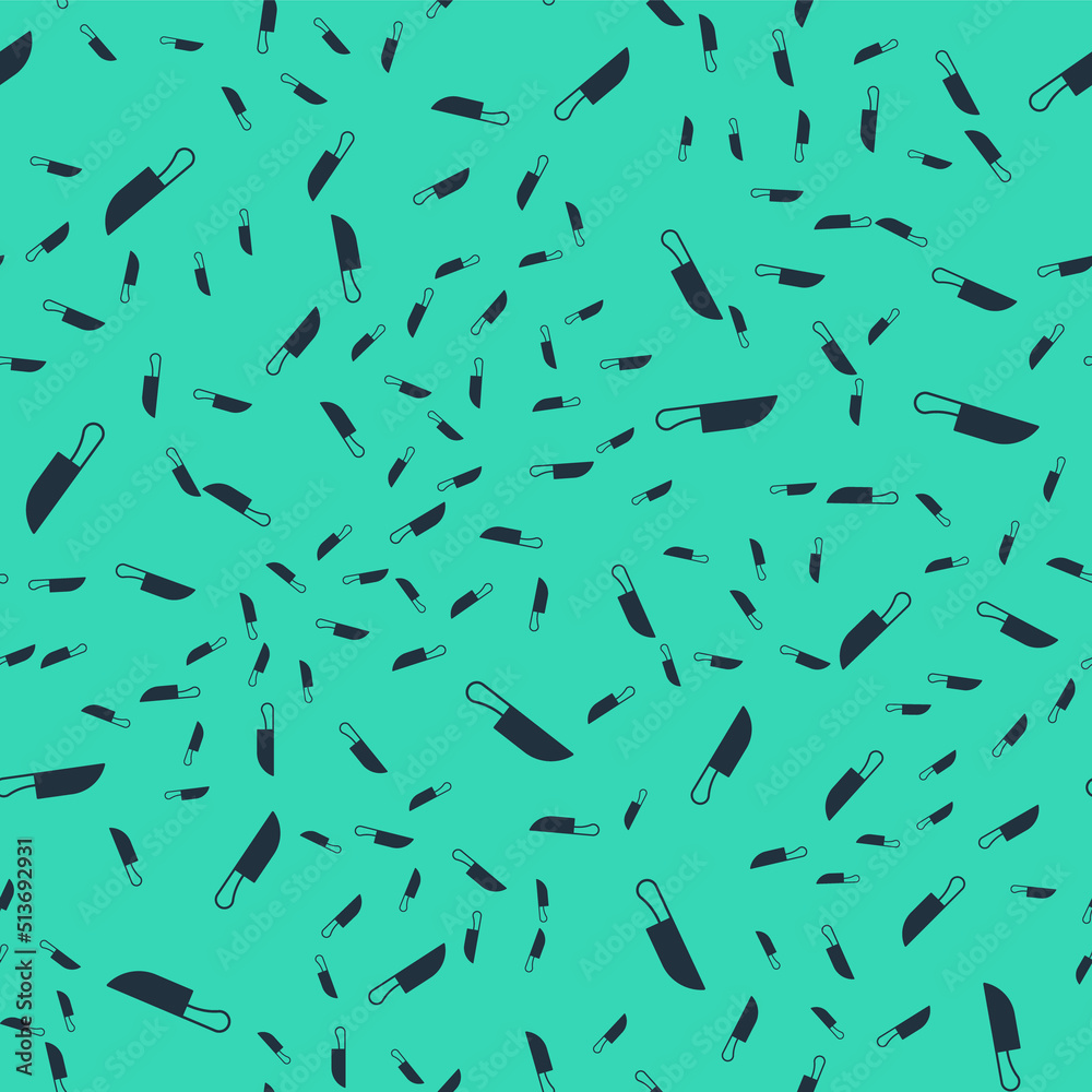 Black Knife icon isolated seamless pattern on green background. Cutlery symbol. Vector