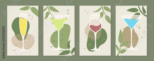 Abstract natural summer backgrounds with alcoholic cocktails glasses in beige green pastel colors. Vector illustration, set of vertical banners, posters, templates, prints with hand drawn leaves 