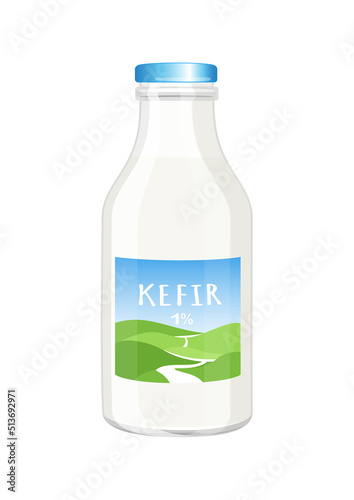 Kefir, yogurt or milk glass bottle with farm label, cartoon style vector illustration isolated on white background