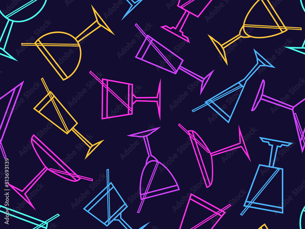 Seamless pattern with cocktail icon in line art style. Alcoholic cocktails with a straw. Multi-colored cocktails design for printing, banners and promotional items. Vector illustration Seamless pattern with cocktail icon in line art style. Alcoholic cocktails with a straw. Multi-colored cocktails design for printing, banners and promotional items. Vector illustration