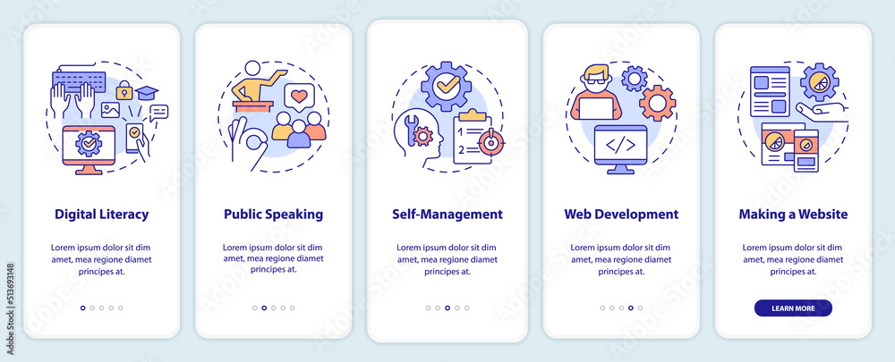 Important competencies onboarding mobile app screen. Profession walkthrough 5 steps editable graphic instructions with linear concepts. UI, UX, GUI template. Myriad Pro-Bold, Regular fonts used