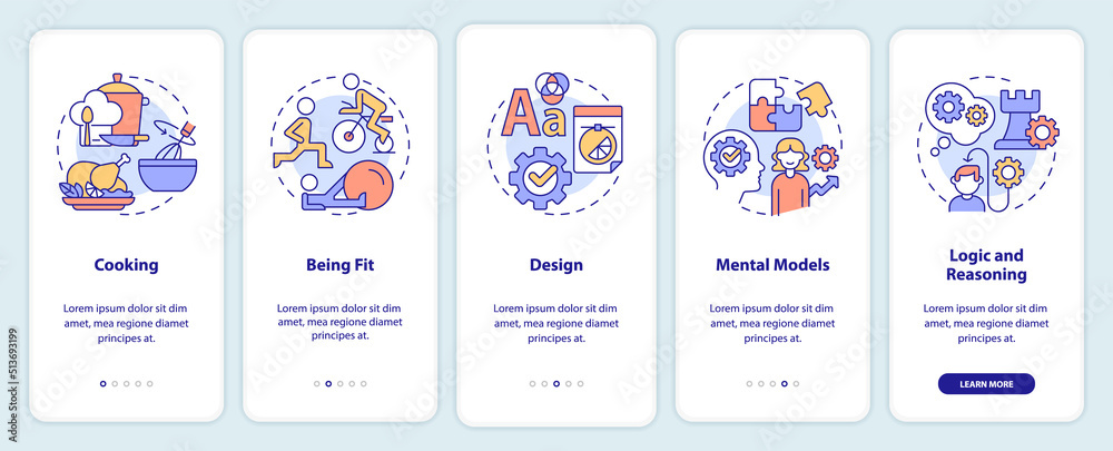 Life skills onboarding mobile app screen. Abilities and talents walkthrough 5 steps editable graphic instructions with linear concepts. UI, UX, GUI template. Myriad Pro-Bold, Regular fonts used