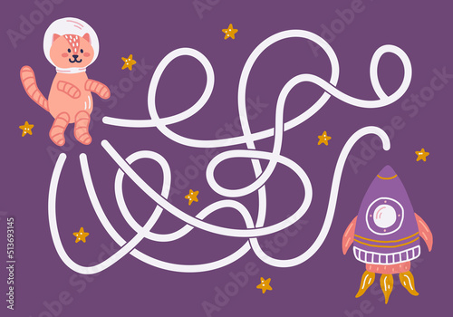 Labyrinth, help the cosmonaut cat find the right way to the rocket. Logical quest for children. Cute illustration for childrens books, educational game