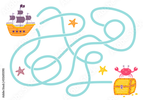 Labyrinth, help the pirate ship find the right way to the treasure chest. Logical quest for children. Cute illustration for childrens books, educational game