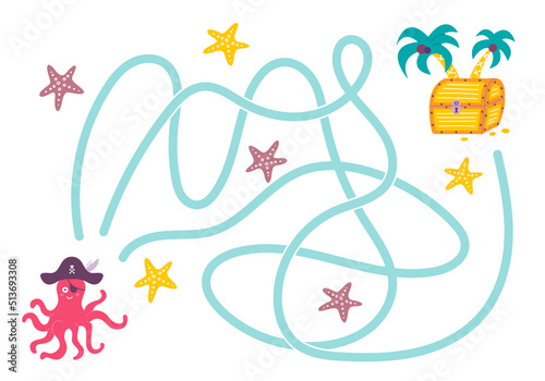 Labyrinth, help the octopus pirate find the right way to treasure island. Logical quest for children. Cute illustration for childrens books, educational game