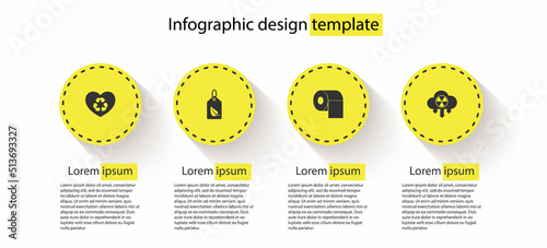 Set Eco friendly heart, Tag with leaf, Toilet paper roll and Acid rain and radioactive cloud. Business infographic template. Vector