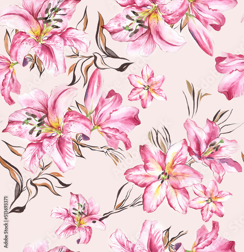Bright Textile Feminine Watercolor Botanical Floral Painted Fashion Stylish Decorative Pattern Fabric Wallpaper Tile Seamless with pink lily flowers.