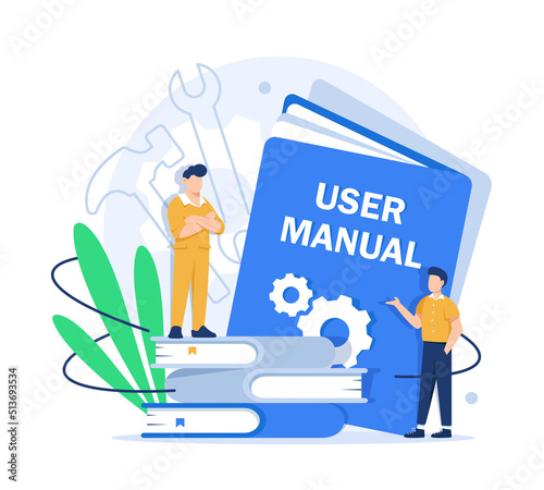 Tiny people with guide instructions or handbooks, Cartoon characters reading user manual, guidebook or guidance. Help and book with instructions for use concept