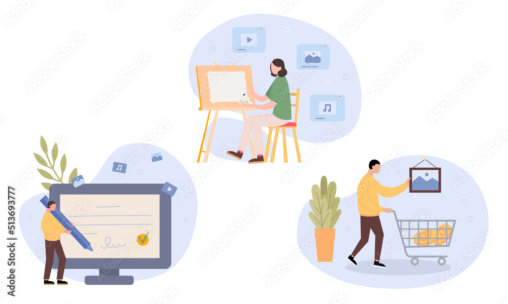 Technology of selling NFT tokens for cryptocurrency. Male and female artists or art dealer sells artworks online. Vector illustration. Rights Transfer. For web and apps.
