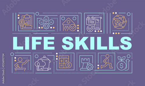 Life skills improving word concepts purple banner. Competencies. Infographics with editable icons on color background. Isolated typography. Vector illustration with text. Arial-Black font used