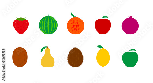 Fototapeta Naklejka Na Ścianę i Meble -  Strawberry, watermelon, orange and apple, pomegranate and coconut, pear, kiwi and lemon outside isolated on white. Colored fruit icon set. Vector illustration.
