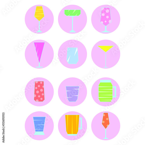Cocktail icon set. Isolated icons of alcohol drink in flat design. Colorful cocktails icon. Drink alcohol glasses collection. Logo for website  bar  restaurant  menu. Vector illustration
