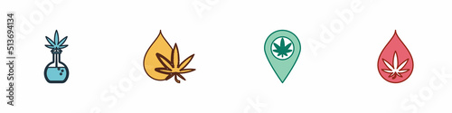 Set Test tube with marijuana, Marijuana or cannabis leaf oil, Location and and icon. Vector